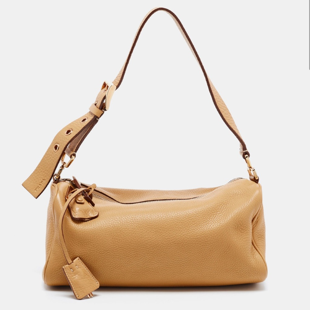 Prada Vitello Daino Gold-Tone Padlock Leather Shoulder Bag In Tan